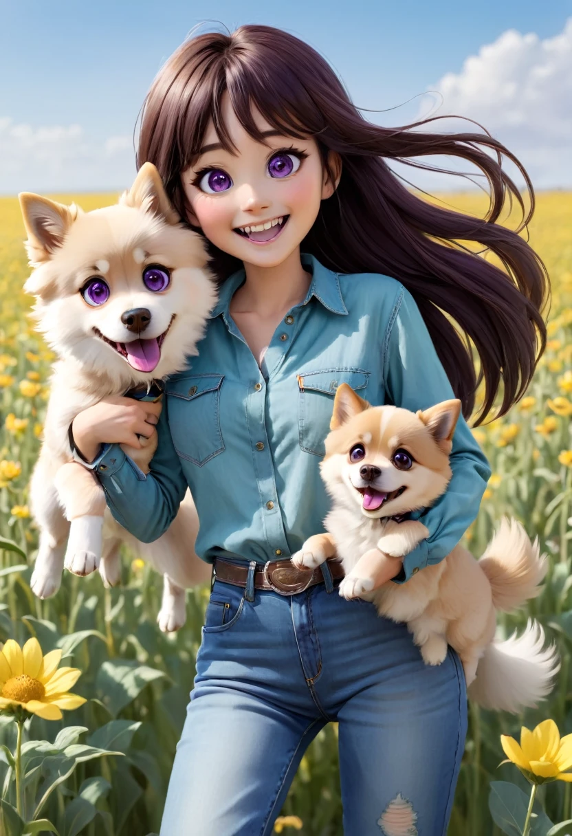 1girl,dog,purple eyes,long hair,smile,flower,looking at viewer,open mouth,blush,outdoors,denim,bangs,long sleeves,solo,shirt,pants,yellow flower,flower field,:d,field,holding the dog,turquoise shirt,teeth,brown hair,sky,day,black hair,cowboy shot,jeans,upper teeth only,standing,DCHF,