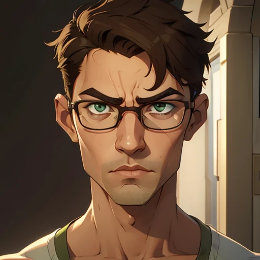 jon, a young guy in his 30s with asymmetric very short brown hair, green eyes with brown specs, a flat nose, smooth skin, slim athletic body, ((portrait)), scowling, different perspectives