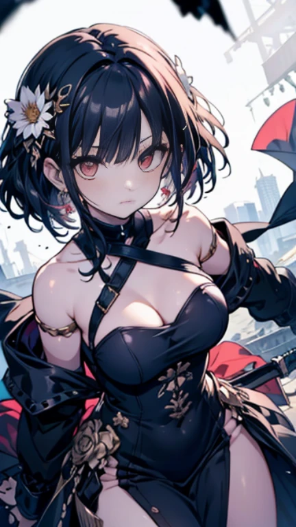 yor briar, anime style beutiful woman, 1girl,fullbody, happy, smile, red face, closed mouth, beautiful detailed eyes, super detailed skin, backlighting, bare shoulders, black background, black dress, black gloves, black hair, breasts, dress, earrings, fingerless gloves, floating hair, floral print, flower, gloves, gold earrings, gold hairband, hair flower, hair ornament, hairband, holding, holding weapon, jewelry, large breasts, long hair, looking at viewer, off-shoulder dress, off shoulder,red eyes, short hair with long locks, sidelocks, solo, spikes, thighs, two-sided dress, two-sided fabric, weapon, fighting stance , face, close up, from above, highest quality, high resolution.