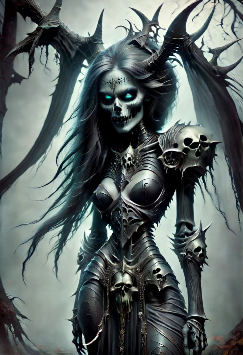 Sexy seductive grim death, undead head, seductive pose, mostly skeletal body, 