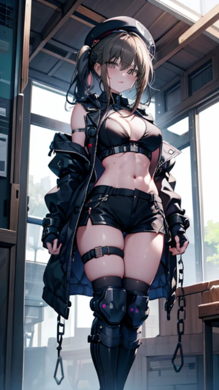 ubel,dark green hair,long hair,side ponytail,hair between eyes,bangs, BREAK (beret, black jacket, open clothes, cleavage, midriff, black shorts, black thighhighs, thigh strap, fingerless gloves, single glove:1.2), Photo,sharpness, F1.6 lens,hyper-realistic textures,spectacular light textures, Cinestil 800 Fashion Mechanics,(((Beautiful woman with left leg restrained and hung by chains))),Appearance,Beautiful girl with accentuated slender abs: 1.1,six-pack abs: 1.1, Bust Botox,Standing on tiptoe, long legs,Long brown hair fluttering in the wind,Brown hair, Long hair, Female Warrior Costume,(No panties,No bra),(tacticul battle fashion,elbow and knee tacticul battle fashion, battle glove: 1.1),((cute batre costume)),The belly comes out and the navel is visible,Thin sheer costume, combat gloves,shredded costumes,cyber long combat boots with golden knee pads,Anatomical,(futuristic sci-fi battle fashion, new elbow and knee cyberpads, new cyberlong boots, new cybergloves: 1.1),(tied perfectly by iron chain), Restraint, Slave, collars, contempt, (Chained), 4 chains hung from heaven, Metallic shackles and fetters, wet crotch clearly visible,((Hands are restrained above the head)), the neck is chained,Chain from left knee to heaven,Chained by rusty iron chains,((the tip is protruding, areolas protruding,The shape of the pubic area is clearly visible:1.2)),Sweating,Wet,Wet crotch,Wet thighs,Junkyard, Realistic, (cute, perfect clothes, skimpy clothes, cute: 1.3) ,Vast miritary base in us,((wide mirtary hospital with summer sunlight)), peeling ceilings, Rebar between, Realistic material details, Extreme details, Ultra-realistic materials,narrow waist,(with sparkling eyes and a contagious smile:0.9),looking at viewer,