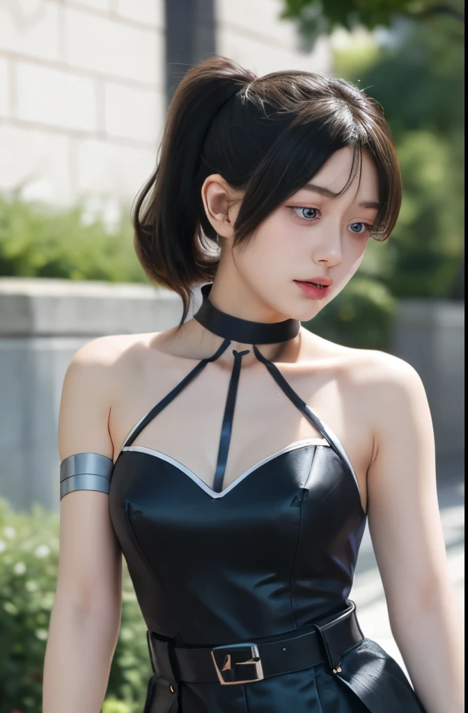 UbelFrieren, purple eyes, side ponytail, black choker, arm strap, armlet, black dress, halter dress, belt, sleeveless, single glove, thigh strap