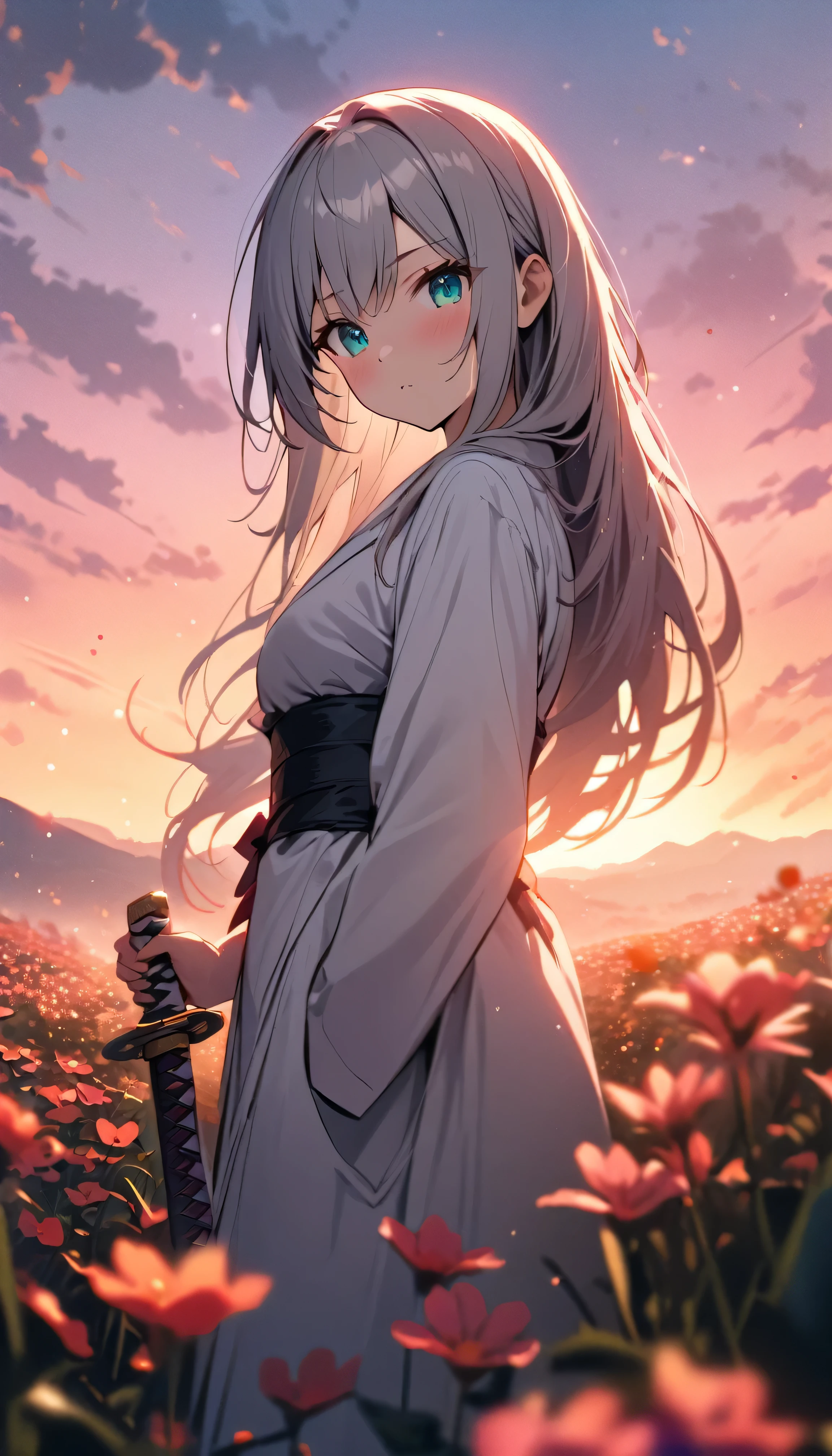 Resolution full, best quality, masterpiece, full HD, beautifull girl, foggy theme, super detailed, 1girl, cute girl, long hair, silver hair, pony tail hair. detailed beautiful aqua eyes, white kimono. holding glowing katana. from below, focus at girl. Badass scene. in flower field. Mountains. Day sky, gradient sky, sunset. bokeh. Particle bokeh. Depth of field.