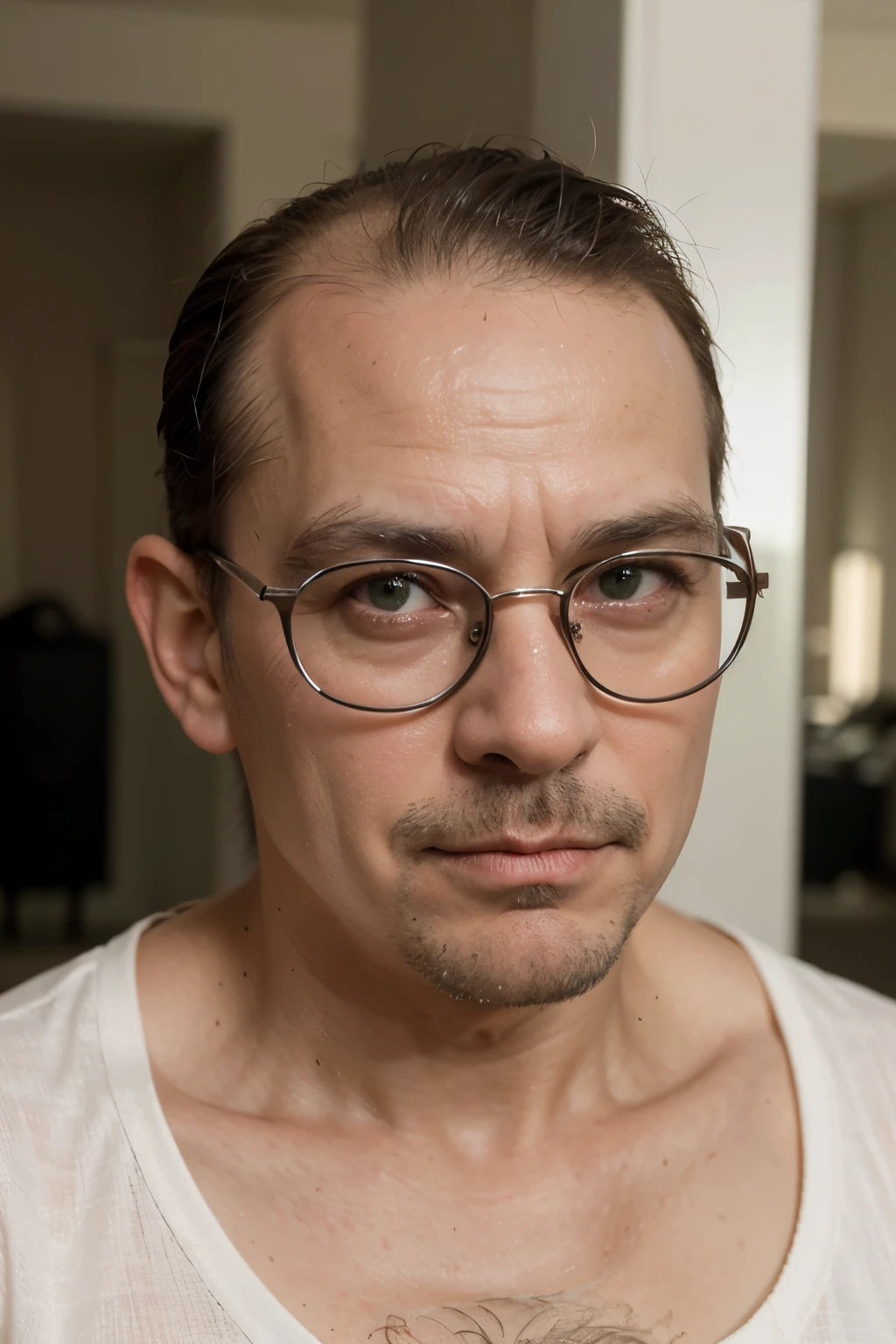 Young man with curly hair, shaved beard, glasses, brown, hairy