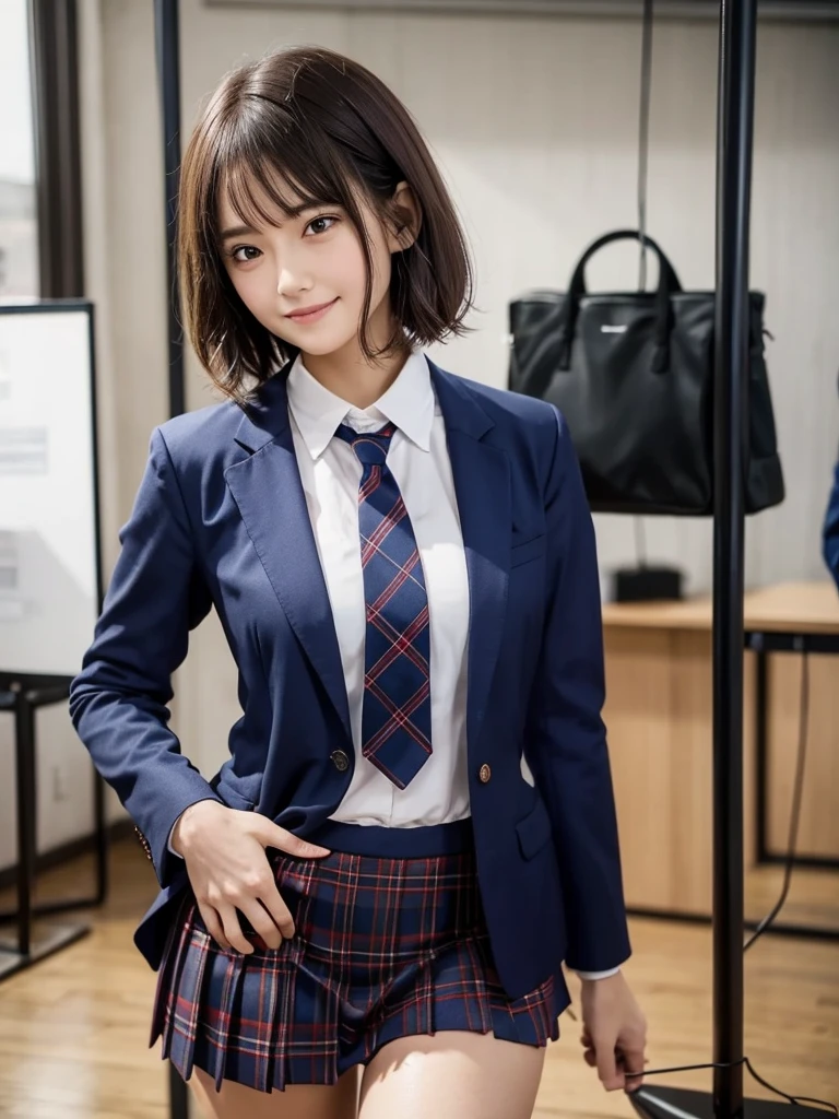 (8k, RAW Photos, highest quality), Stand in the classroom of school, (((((((One woman))))))), ((brown hair)), ((Short Bob Hair)), ((Detailed eyes)), ((smile)), ((Red tie)), (((Dark blue closed blazer))), (((A blue plaid pleated miniskirt that wraps around the hips))), Asymmetrical bangs, 少しのsmile, Thighs, knees, Random pose,pretty girl,Slender girl