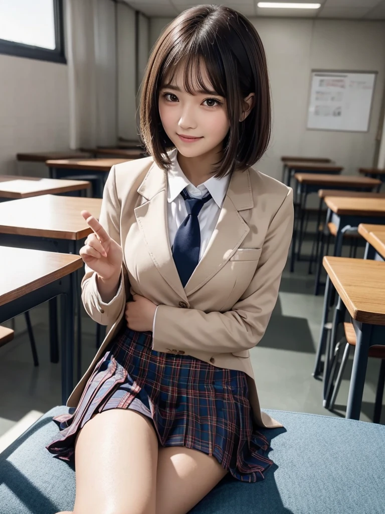 (8k, RAW Photos, highest quality), Stand in the classroom of school, (((((((One woman))))))), ((brown hair)), ((Short Bob Hair)), ((Detailed eyes)), ((smile)), ((Red tie)), (((Dark blue closed blazer))), (((A blue plaid pleated miniskirt that wraps around the hips))), Asymmetrical bangs, 少しのsmile, Thighs, knees, Random pose，pretty girl，Slender girl