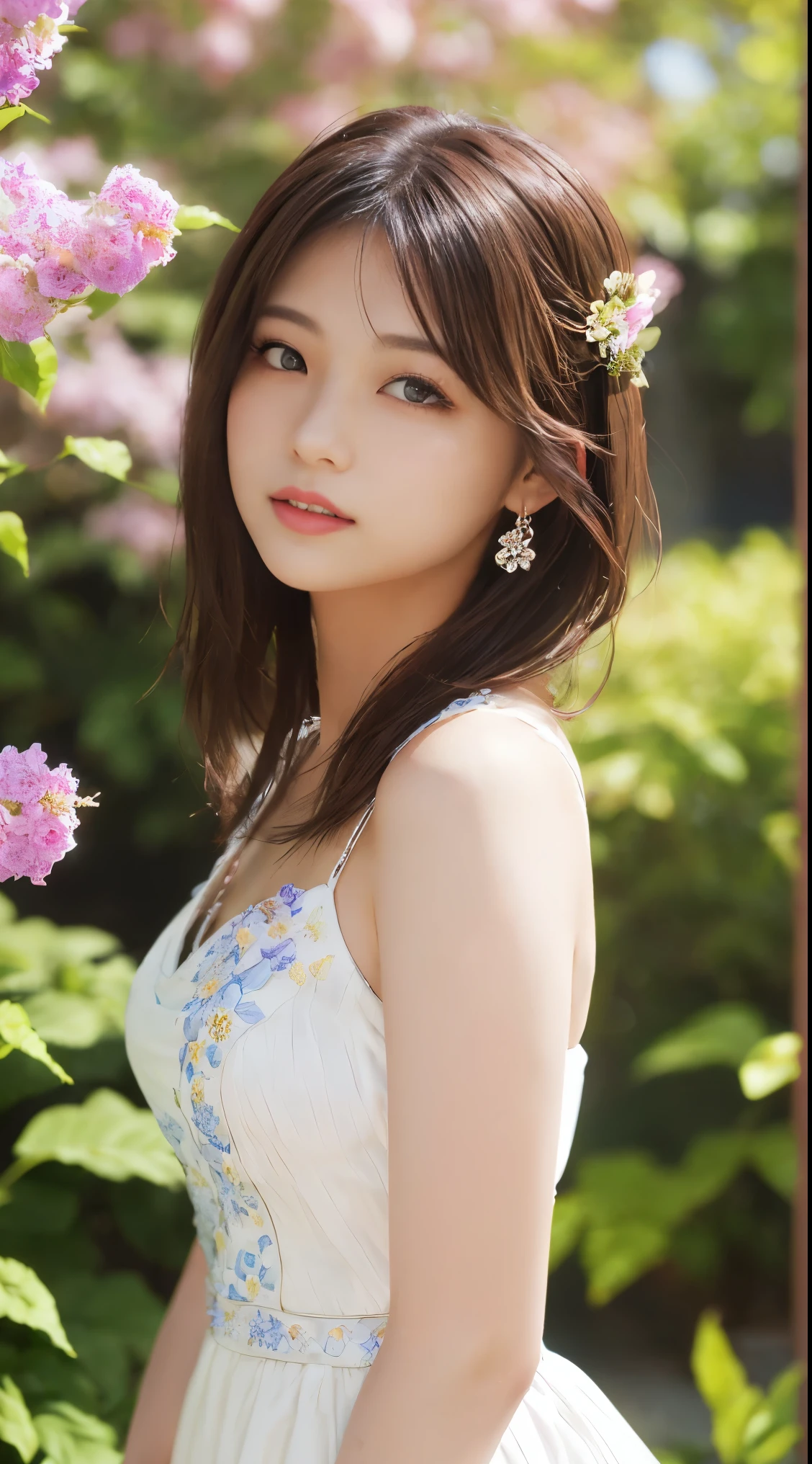 a girl with beautiful detailed eyes, beautiful detailed lips, extremely detailed eyes and face, long eyelashes, wearing a white dress, standing in a lush garden, surrounded by colorful flowers, under the warm sunlight, with a gentle breeze blowing through her hair. The scene is captured in a realistic and vivid style, with high-quality details like 4k resolution, ultra-detailed rendering, and sharp focus. The colors are vibrant and the lighting creates a soft and warm atmosphere.