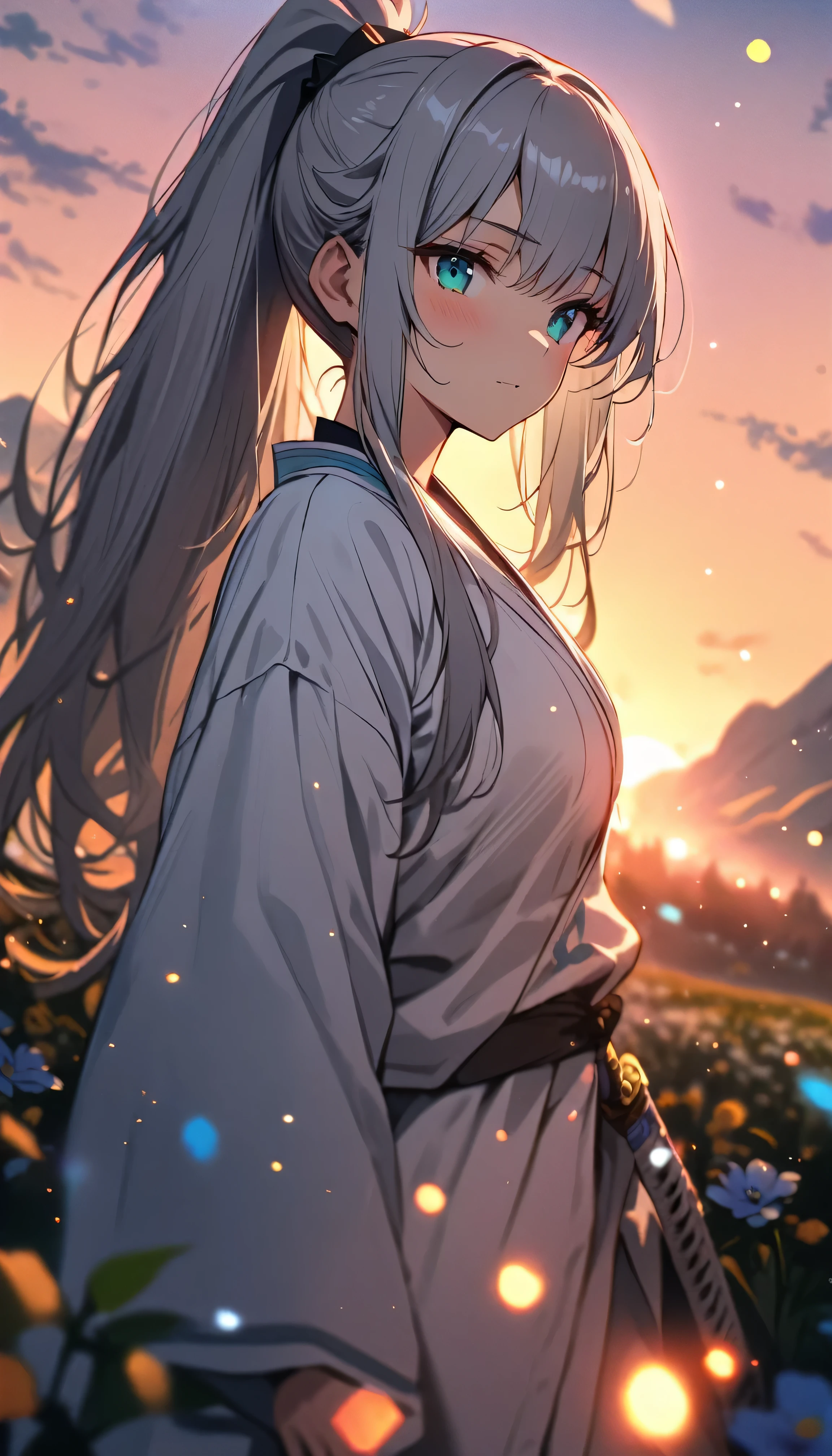 Resolution full, best quality, masterpiece, full HD, beautifull girl, foggy theme, super detailed, 1girl, cute girl, long hair, silver hair, pony tail hair. detailed beautiful aqua eyes, white kimono.  holding glowing katana. from below, focus at girl. Badass scene. in flower field. Mountains. Day sky, gradient sky, sunset.  bokeh. Particle bokeh.  Depth of field.