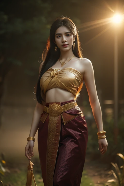 beautiful girl ,Thai Women&#39;s Warriors, walking at thai measure, dynamic poses, Thai Chut Set, Strapless shirt, long hair,black eyes,abdominal muscles, plump body, rounded chest, (big breast:1.3), rift, morning sun, staring at the audience, (sexy poses), ((face details)), Double eyelids, finished, realistic, Masterpiece, Highest quality, lens flare, shade, old measure, measure, [[Chromatic aberration]], By Jeremy Lipking, By Antonio J.. Manzanedo, digital painting, HDR, high contrast
