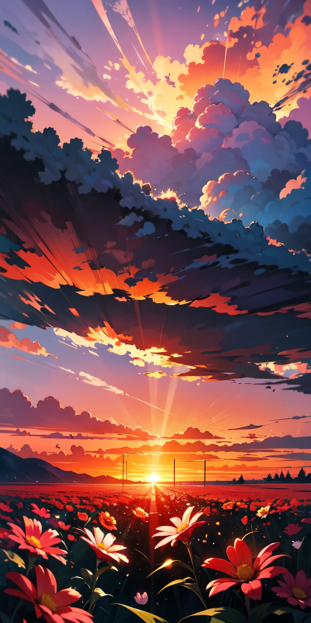 Dreamy anime scenery, red sunset, red clouds, beautiful landscape nature, colourful flowers, winning award artwork 