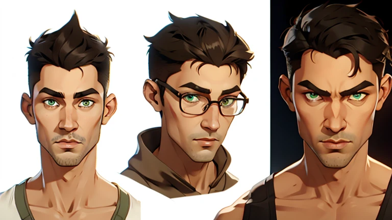 jon, a young guy in his 30s with asymmetric very short brown hair, green eyes with brown specs, a flat nose, smooth skin, slim athletic body, ((several face perspectives))