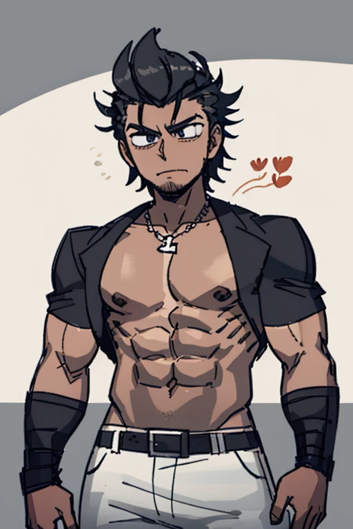 Athletic build, dark brown skin, golden yellow eyes, long black dreads, black eyeliner, sharp nails, ferocious smile, black male, cheetah hero costume inspired by My Hero Academia, fangs, intimidating pose, fur collar with cheetah print 