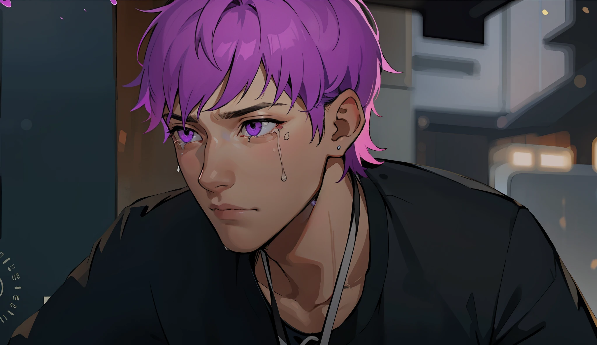 cute 16 year old boy is sad, thoughtful, remembering something bad that happened to him, he has purple eyes, purple hair, he has some tears in his eyes