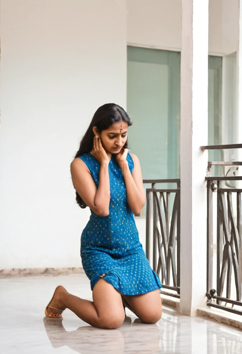 Indian women wearing short loose sleeveless dress kneeling down holding ears in balcony at home in punishment