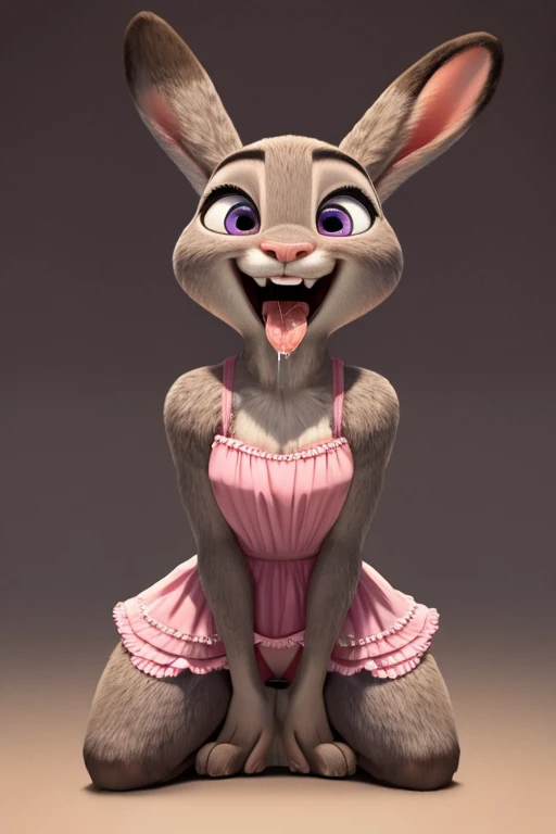 Judy Hopps, kneeling down raised up, facing a bit off center, (short frilly dress, showing panties), (open mouth, tongue sticking out, drooling, saliva), arms behind back