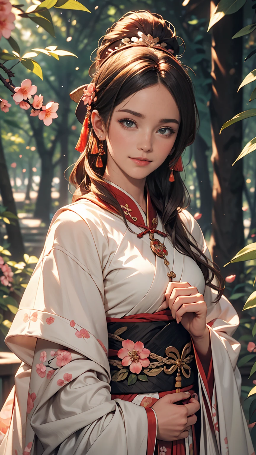Great quality, masterpiece, High Resolutiupon, One girl, blush, (Cute Smile: 0.8), Star Eyes, chinese hanfu, hair accessory, jewelry, beauty, upon_body, Tyndall effect, Realistic, Peach Blossom Forest, Light Edge, Two-tupone Lighting, (Skin with attention to detail: 1.2), 8k UHD, Digital SLR, Soft Light, high quality, Volumetric lighting, Voyeur, photograph, High Resolutiupon, 4K, 8k, Background Blur