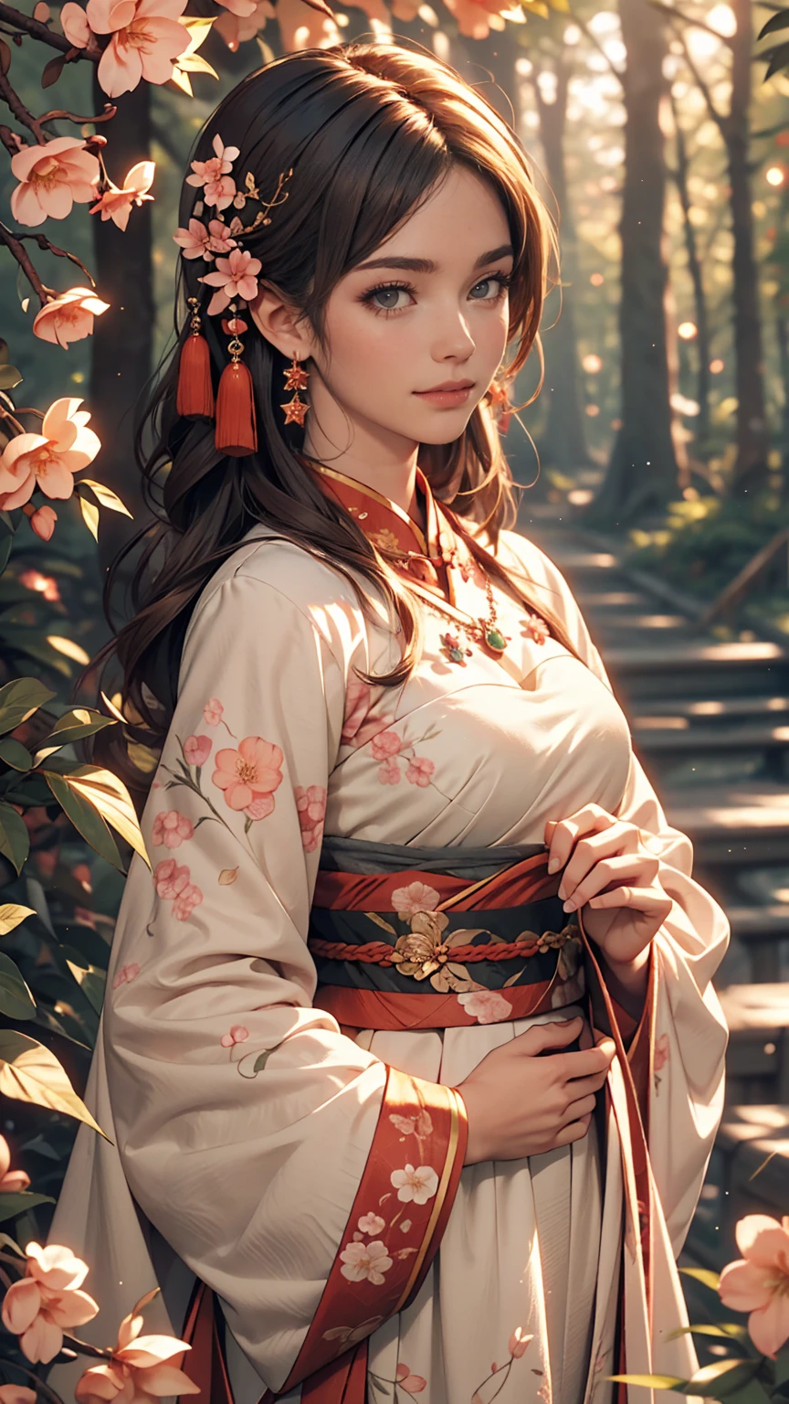 Great quality, masterpiece, High Resolutiupon, One girl, blush, (Cute Smile: 0.8), Star Eyes, chinese hanfu, hair accessory, jewelry, beauty, upon_body, Tyndall effect, Realistic, Peach Blossom Forest, Light Edge, Two-tupone Lighting, (Skin with attention to detail: 1.2), 8k UHD, Digital SLR, Soft Light, high quality, Volumetric lighting, Voyeur, photograph, High Resolutiupon, 4K, 8k, Background Blur