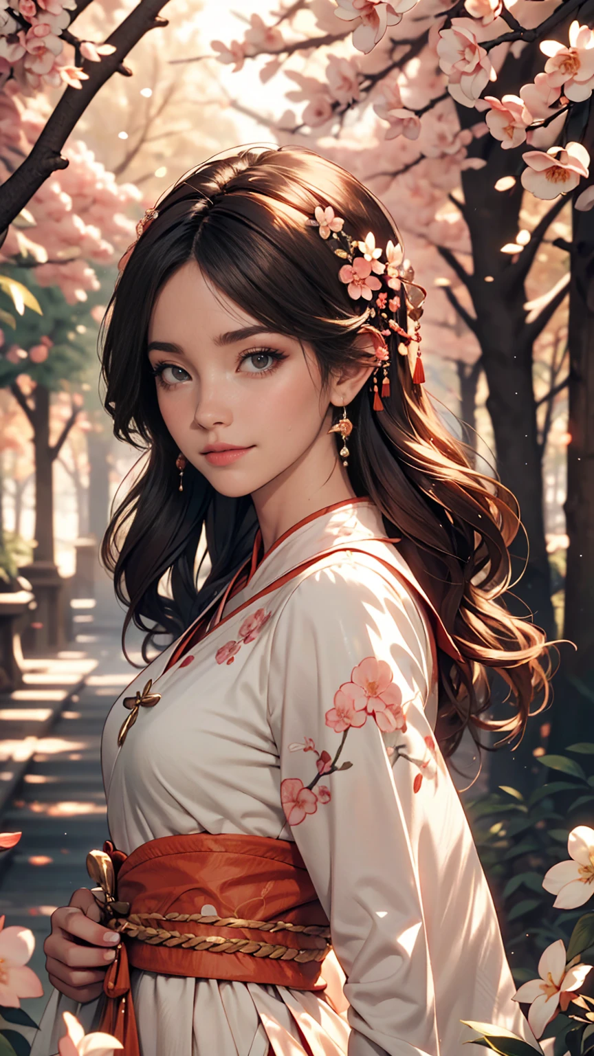 Great quality, masterpiece, High Resolutiupon, One girl, blush, (Cute Smile: 0.8), Star Eyes, chinese hanfu, hair accessory, jewelry, beauty, upon_body, Tyndall effect, Realistic, Peach Blossom Forest, Light Edge, Two-tupone Lighting, (Skin with attention to detail: 1.2), 8k UHD, Digital SLR, Soft Light, high quality, Volumetric lighting, Voyeur, photograph, High Resolutiupon, 4K, 8k, Background Blur