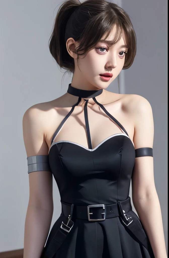 UbelFrieren, purple eyes, side ponytail, black choker, arm strap, armlet, black dress, halter dress, belt, sleeveless, single glove, thigh strap