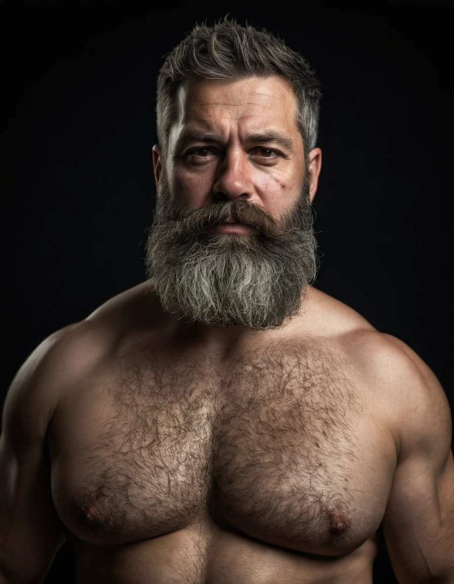 "Capture um 8K, retrato hiper-realista de um homem com cerca de 50 anos. Ele tem um corte de cabelo desbotado estilo militar muito curto, with a rugged beard that gives off a lumberjack vibe. Seus penetrantes olhos verdes olham diretamente para o espectador. A cena mostra o homem de corpo inteiro, revelando seu peito fortemente peludo e a parte superior de sua barriga, showing a chubby physique. He is shirtless against a deep black background, com um claro, Bright studio lighting effect evenly illuminating your face and body. A imagem deve mostar o corpo todo, e focar nos pelos no peito, renderizado no estilo hiperrealista. Inspirando-se na fotografia de Greg Rutkowski, maintain a high level of realism while highlighting the man's natural, rugged appearance."