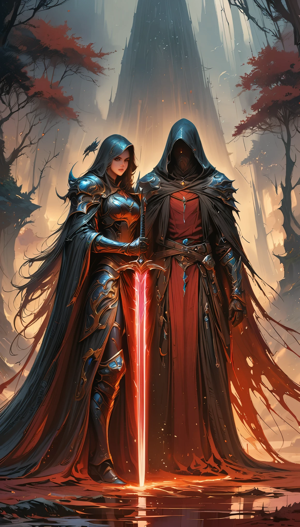 Two figures wearing black cloaks, A hat,The other one without, Standing on the endless fiery wasteland. Fantasy illustration concept art in the style of Greg Rutkowski。a man in a cloak holding a sword in a dark black and Red forest, hold sword in the forest, Glowing sword (Red),dark fantasy style art, Dark Fantasy Artwork, 8K Fantasy Art, dark fantasy style, fantasy art 4k, Epic fantasy art style HD, Dark Fantasy Art, Dark fantasy concept art, Epic fantasy digital art style, in style of Dark Fantasy Art, Glowing sword in hand