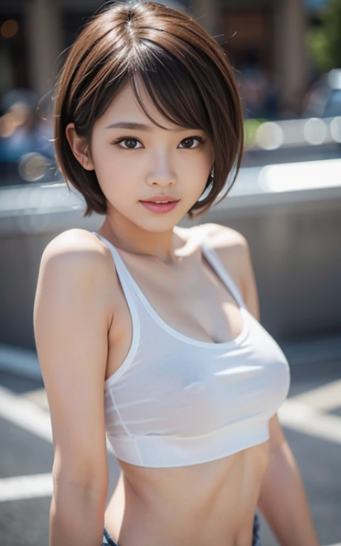 Cute 21 year old Japanese、university student、Sportswear、Highly detailed face、eye、double eyelid、Beautiful thin nose、Sharp focus:1.2、beauty:1.4、(Light brown hair、short hair、),Pure white skin、、Slender body、highest quality、masterpiece、Ultra-high resolution、(Photorealistic:1.4)、High resolution and professional lighting、Laughter、Big gym、