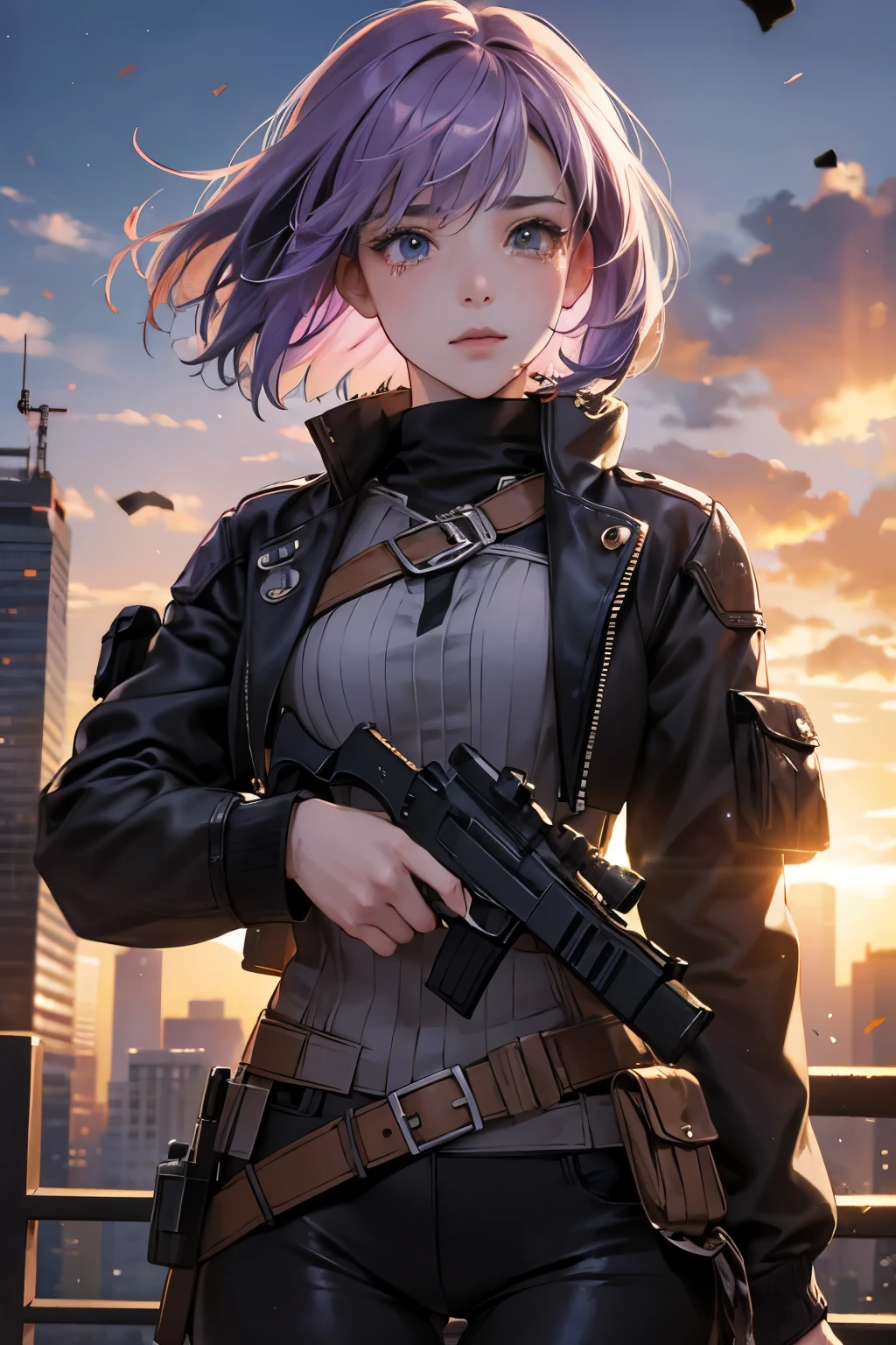 (absurdres, highres, ultra detailed),masterpiece,best quality,high resolution,8k,Realistic face,Realistic skin texture,magnified textures, stunning clarity,detailed anime girl,ultra detailed eyes and face,steampunk fashion,light purple hair,bob cut,future city,(crying:1.1),(too many guns in the air),look at viewer,cowboy shot,sf world like star wars