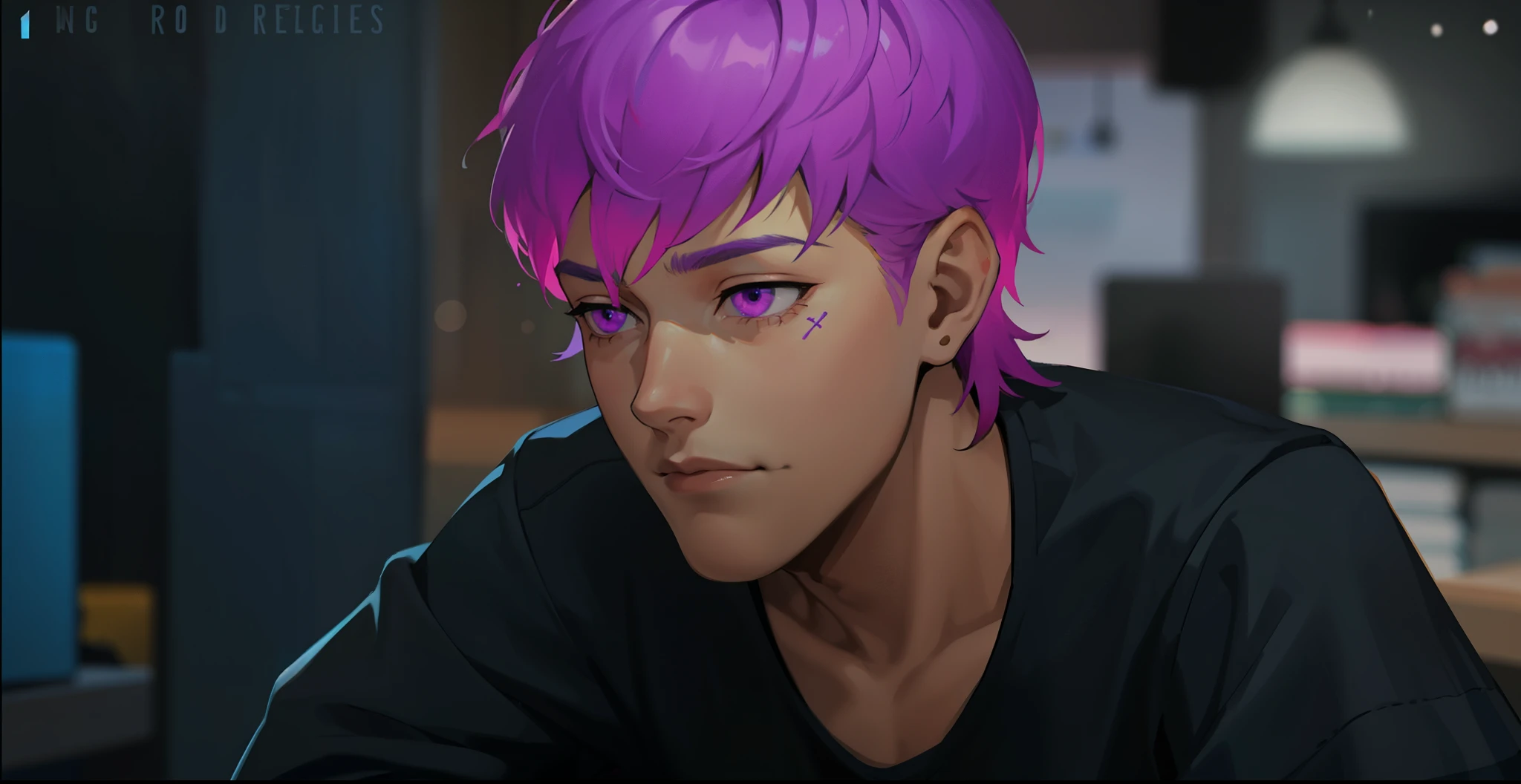 cute 16 year old boy is sad, thoughtful, remembering something bad that happened to him, he has purple eyes, purple hair, he is depressed