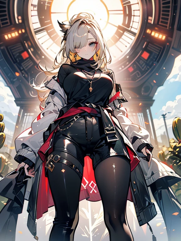 ((in a desert:1.5)), a matured woman with long hair and a white outfit, (resting in oasis:1.2), Arabic, Post apocalyps, from arknights, artwork in the style of guweiz, bodyesbian, fine details. girls frontline, beautiful anime illustration, from girls frontline, by Yang J, stunning, 26 years old, (solo:1.5), (sfw:1.25), sagging breast, large breasts, big tits, thin waist, big ass, Raised sexy, (dark mahogany medium long hair, updo, hair over one eye, asymmetric hair, Carly hair, low tied),(musulman, Headscarfs, hair bands, head vandage, Turban), (ultra high resolution, 8K RAW photo, photo realistics, weak outline:1.3, clear focus), best qualtiy, natural lighting, blurry back ground, field depth, (Bright pupils, detailed beautiful eyes, high detailed face), Red lip, looking at viewers, (tight focus:1.2, from below), sexy posing, seductive weak smiling, center image, (wearing white long jacket and clothes, wearing short pants, gold ornaments, white clothes rolling around waist, camel-brown long leather boots, translucent lace pantyhose), ((correct anatomy:1.5)), ((outdoor:1.2)),