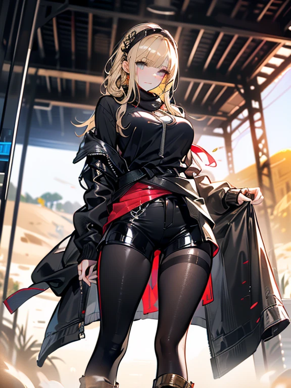 ((in a desert:1.5)), a matured woman with long hair and a white outfit, (resting in oasis:1.2), Arabic, Post apocalyps, from arknights, artwork in the style of guweiz, bodyesbian, fine details. girls frontline, beautiful anime illustration, from girls frontline, by Yang J, stunning, 26 years old, (solo:1.5), (sfw:1.25), sagging breast, large breasts, big tits, thin waist, big ass, Raised sexy, (dark mahogany medium long hair, updo, hair over one eye, asymmetric hair, Carly hair, low tied),(musulman, Headscarfs, hair bands, head vandage, Turban), (ultra high resolution, 8K RAW photo, photo realistics, weak outline:1.3, clear focus), best qualtiy, natural lighting, blurry back ground, field depth, (Bright pupils, detailed beautiful eyes, high detailed face), Red lip, looking at viewers, (tight focus:1.2, from below), sexy posing, seductive weak smiling, center image, (wearing white long jacket and clothes, wearing short pants, gold ornaments, white clothes rolling around waist, camel-brown long leather boots, translucent lace pantyhose), ((correct anatomy:1.5)), ((outdoor:1.2)),