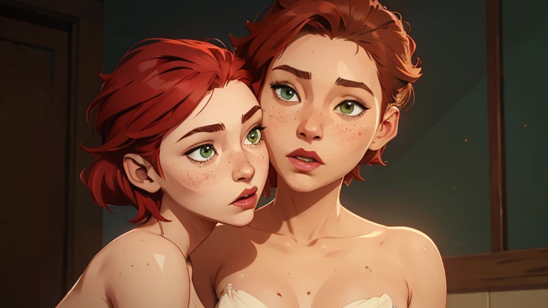 (((2 characters))), ((1guy, jon, a young guy in his 30s with asymmetric very short brown hair, green eyes, a flat nose, smooth skin, slim athletic body)), ((1girl, jennifer lawrence, 1girl, red haired chubby pale girl, green eyes, freckles, half asymetric red hair, cute, nude, small height, stain lipstick, long eyelashes, primer, cream eyeline, ((small breasts)), cute, beautiful, realistic style, highly detailed, 4k, embarrassed expression)), kissing, (((exaggerated grin))) 