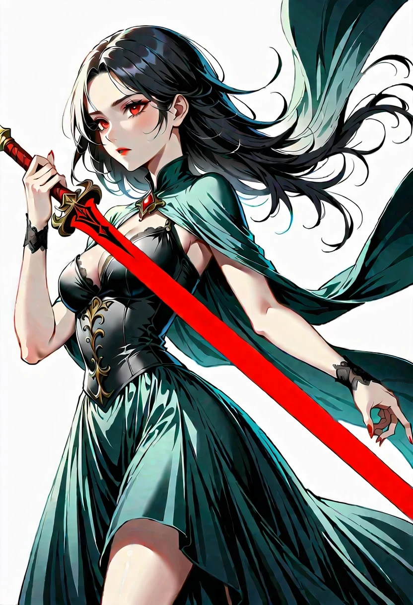 Girl with a sword,Simple lines,Minimalism,Abstract Art,Holding a red long sword,
