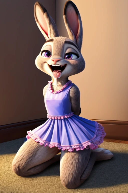 Judy Hopps, (kneeling down, raised up), facing a bit off center, (short frilly dress, showing panties), (open mouth, tongue sticking out, drooling, saliva), arms behind back