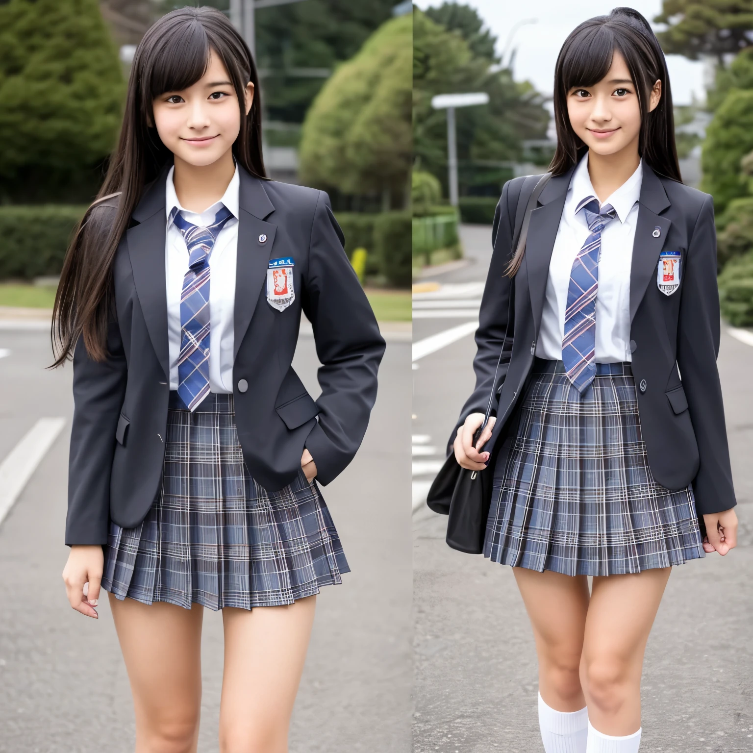 A Japanese junior high school student wearing a blazer-type uniform. The skirt is gray checkered and the clothes are dress shirts. The blazer is black. The skirt is below the knee. The blazer goes down to the thighs. The blazer has two buttons, an emblem on the left chest, and a pocket.