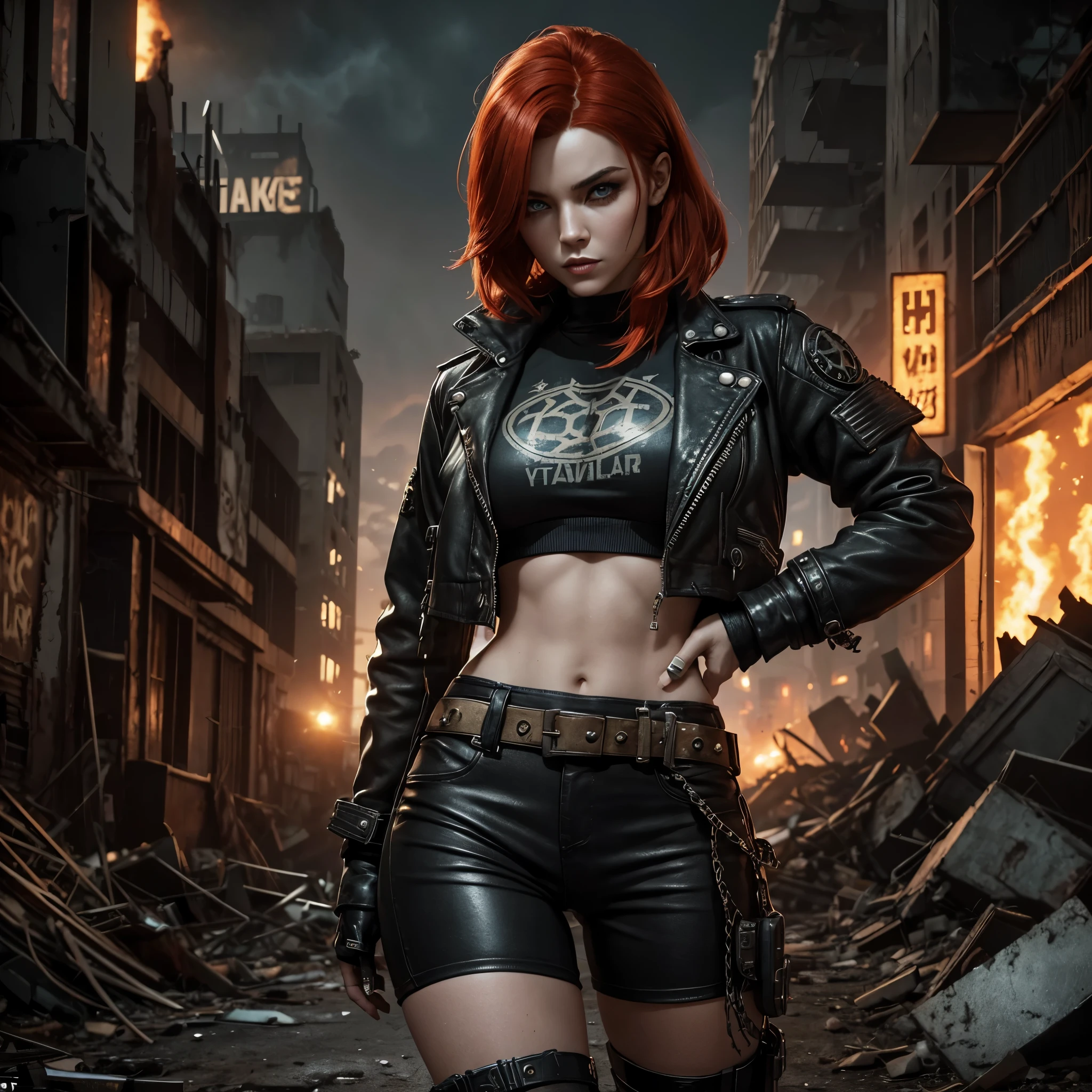 Marvel's Ghost Rider (portrayed by Taylor Swift, leather jacket, leather pants, flaming skull head, gloves, several hell chains wrapped around forearms), night, downtown Tokyo