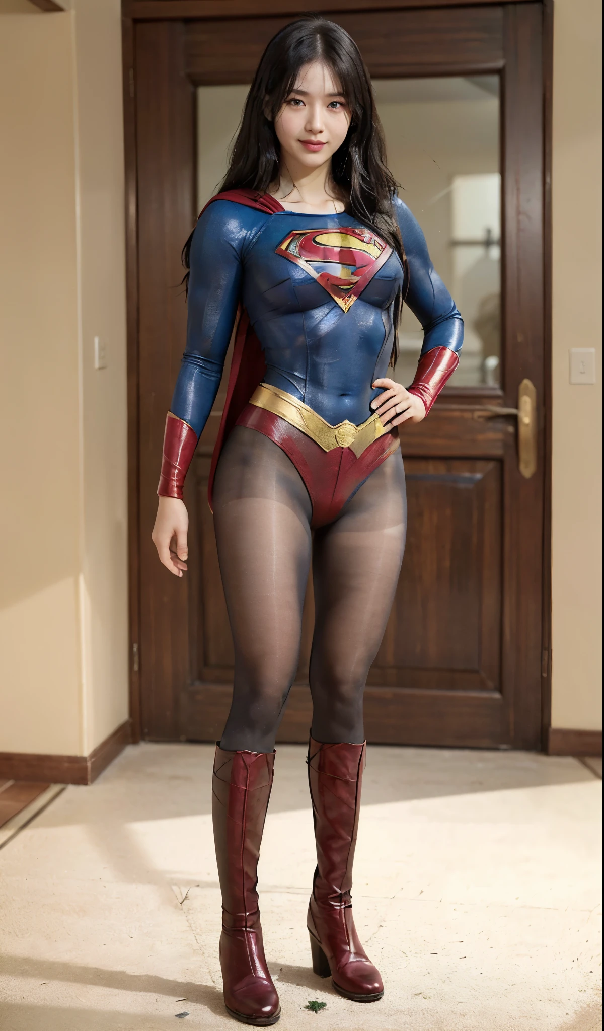 No background、(((Beautiful legs in black tights.)))、(((Legally express the beauty of your smile)))、((((Make the most of your original images)))、(((Supergirl Costume)))、(((Beautiful Hair)))、(((suffering)))、(((Please wear black tights....、Wear red boots)))、((Best image quality、8K))、((highest quality、8K、masterpiece:1.3))、(((Preserve background )))、Sharp focus:1.2、Beautiful woman with perfect figure:1.4、Thin abdominal muscles:1.2、Wet body:1.5、Highly detailed face and skin texture、8K