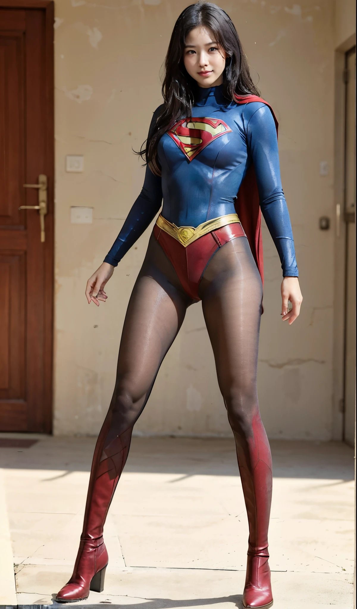 No background、(((Beautiful legs in black tights.)))、(((Legally express the beauty of your smile)))、((((Make the most of your original images)))、(((Supergirl Costume)))、(((Beautiful Hair)))、(((suffering)))、(((Please wear black tights....、Wear red boots)))、((Best image quality、8K))、((highest quality、8K、masterpiece:1.3))、(((Preserve background )))、Sharp focus:1.2、Beautiful woman with perfect figure:1.4、Thin abdominal muscles:1.2、Wet body:1.5、Highly detailed face and skin texture、8K