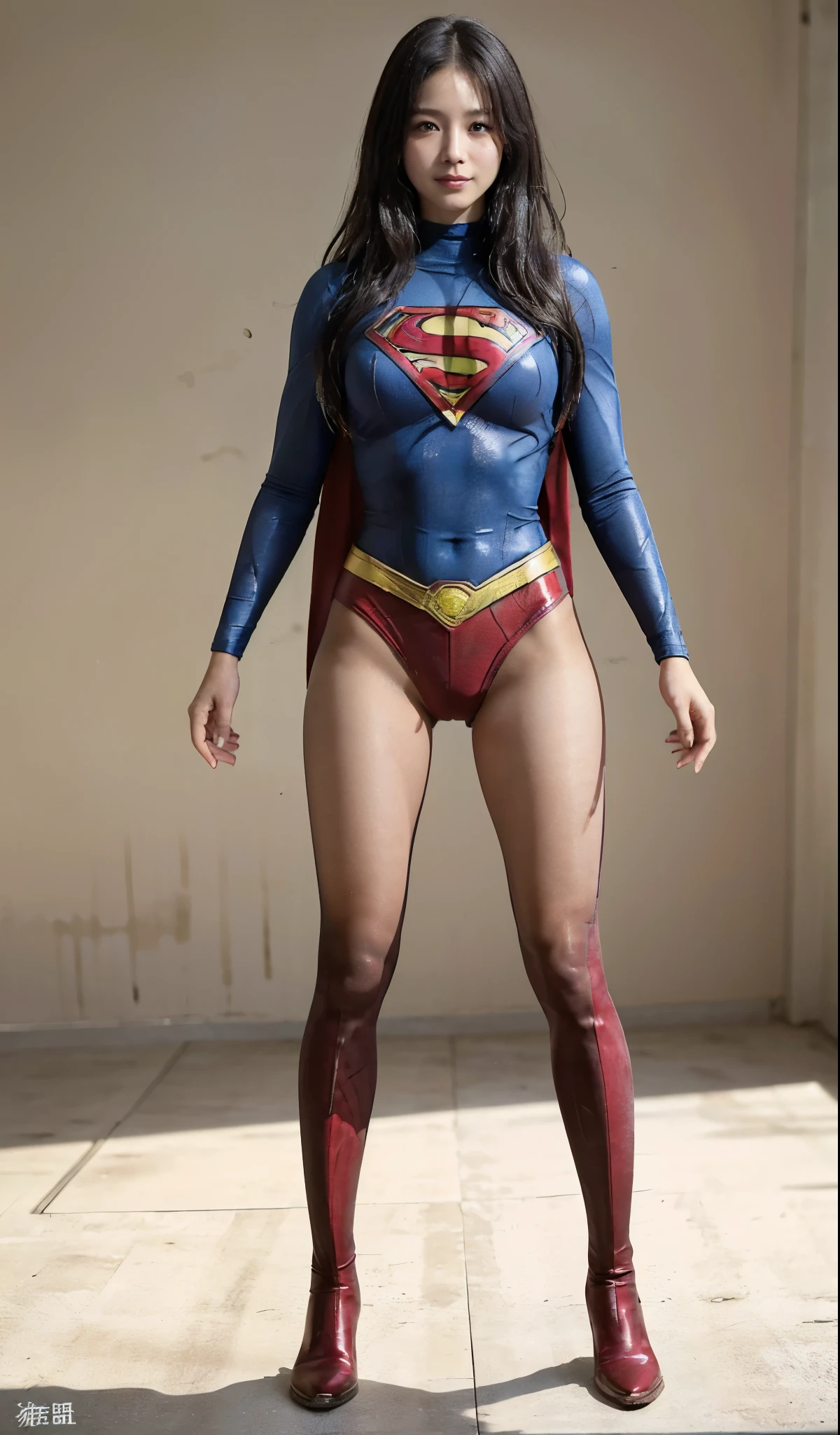 No background、(((Beautiful legs in black tights.)))、(((Legally express the beauty of your smile)))、((((Make the most of your original images)))、(((Supergirl Costume)))、(((Beautiful Hair)))、(((suffering)))、(((Please wear black tights....、Wear red boots)))、((Best image quality、8K))、((highest quality、8K、masterpiece:1.3))、(((Preserve background )))、Sharp focus:1.2、Beautiful woman with perfect figure:1.4、Thin abdominal muscles:1.2、Wet body:1.5、Highly detailed face and skin texture、8K
