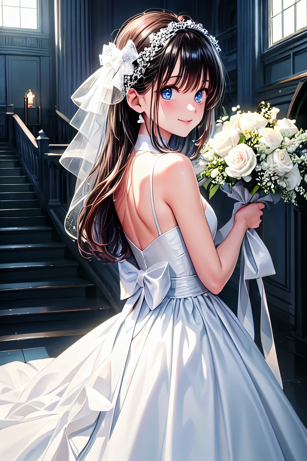 hight resolution, top-quality, ultra-quality, The ultra-detailliert, lighting like a movie、white church、Small Wedding dress、A smile、Brown hair、Blue eyes、back chapel
