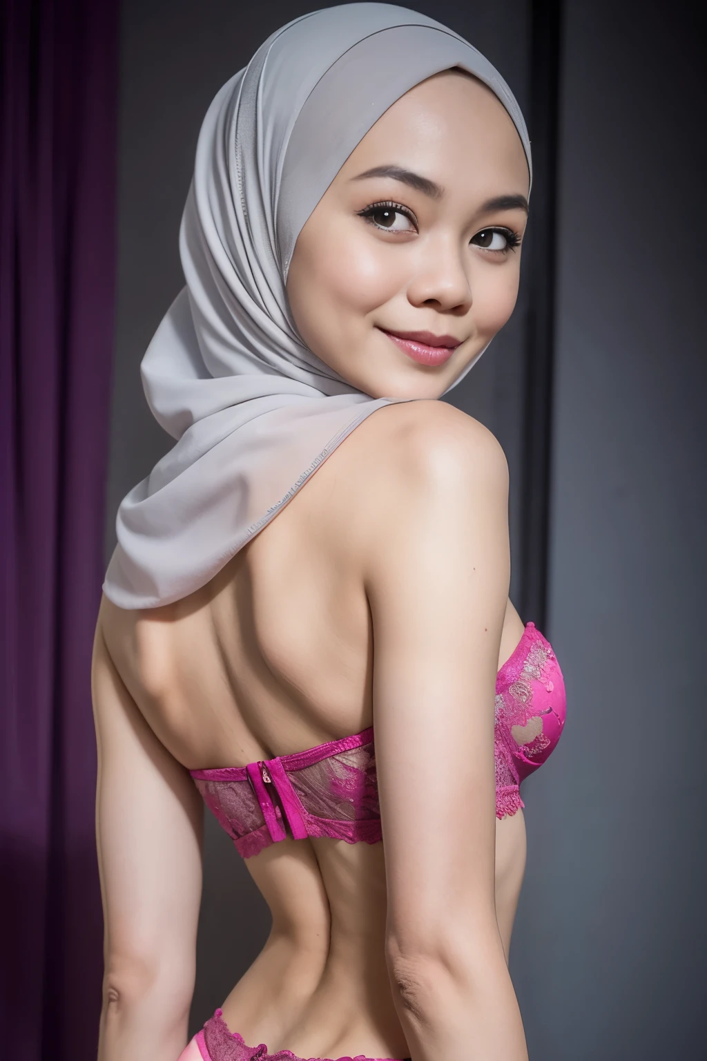 ((Lace)), (Happy smile), (((HIJAB MALAY GIRL))), masutepiece, High quality, UHD 32K, Realistic face, Realistic skin feeling , A Japanese Lady, 58 years old d lady, , Very cute and baby-like face, (((FLAT CHEST))), (Night time at forest), ((look In front at the camera and SADNESS)), (((GREY FLUORESCENT))), (((CUTE GIRL))), ((GREY FLUORESCENT LIPS)), ((Floral Pattern)) little wearing strapless bra, strapless colorful bra, dark night background , black forest night, horror scary place, (from behind up) seductive pose