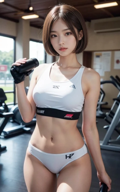 Cute 21 year old Japanese、university student、Sportswear、Highly detailed face、eye、double eyelid、Beautiful thin nose、Sharp focus:1.2、beauty:1.4、(Light brown hair、short hair、),Pure white skin、、Slender body、highest quality、masterpiece、Ultra-high resolution、(Photorealistic:1.4)、High resolution and professional lighting、Laughter、Big gym、