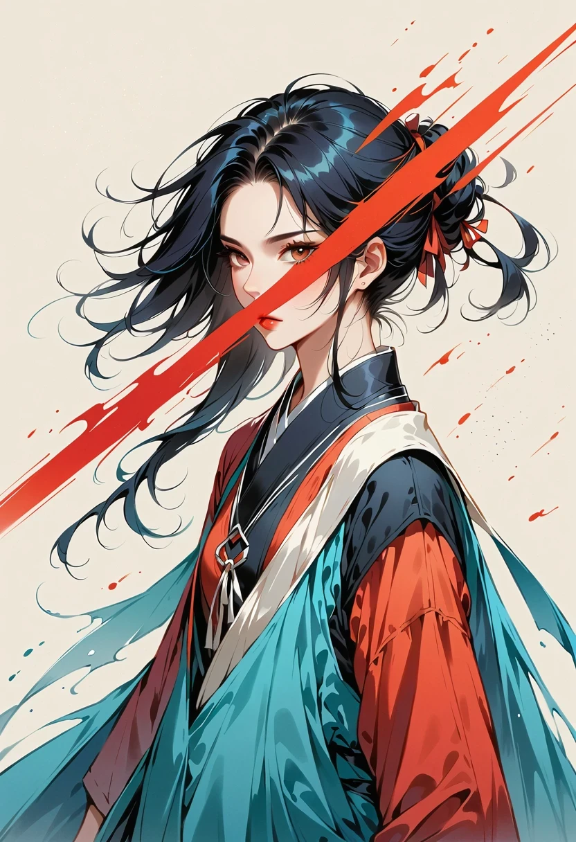 Girl with a sword，Simple lines，Minimalism，Abstract Art，Holding a red long sword，