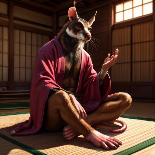 low-angle view,
standing, dojo, japanese temple, inside, clothed, kimono, red kimono, rat tail, goatee, brown body, white fur, black fur, bandages, safe,
(master splinter:1.2), meditating, crossed legs, cum  on feet:1.50, sitting, closed eyes, solo, topwear, bottomwear, incense, tatami, 
BREAK,
by bruteandbrawn, by personalami, by kenket, (intricate, high detail, film photography, soft focus, RAW candid cinema,
photorealism, realistic, photorealistic, analog style, subsurface scattering,
masterpiece, best quality, ultra realistic, 8k)