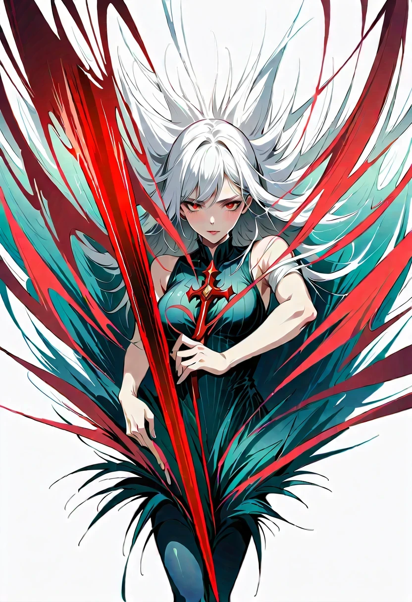 Girl with a sword，Simple lines，Minimalism，Abstract Art，Holding a red long sword，
