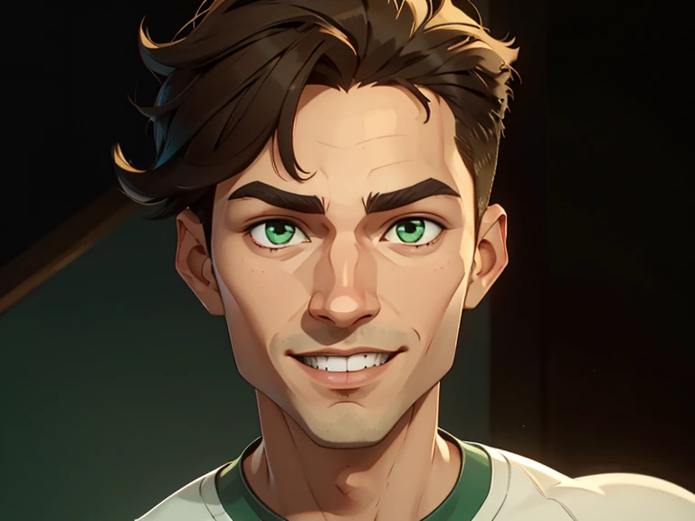 jon, a young guy in his 30s with asymmetric very short brown hair, green eyes, a flat nose, smooth skin, slim athletic body, ((portrait)), grinning, different perspectives 1.3