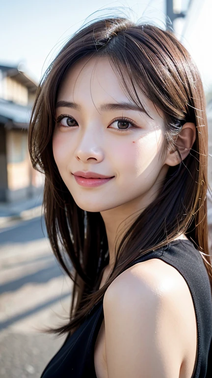 With the alleys of Kyoto in the background、18-year-old girl、Independent、Look forward、Light eye makeup、Brown Hair Color、Flat 、Hair blowing in the wind、quality of actress、Shiny, Ultra-realistic faces、Smiling face、Watery eyes、look up、Subtle lighting effects、 Ultra-Realistic Capture、Very detailed、High resolution 16k human skin closeup。Skin texture must be natural、The details must be clear enough to identify pores.、skin is healthy、Must be of uniform tone、Use natural light and color、High quality photos taken by modeling agencies'Exclusive photographer、smile