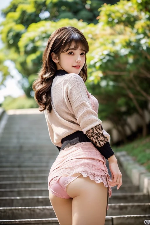 ((highest quality)), ((masterpiece)), (detailed), Perfect Face, Top, highest quality, High resolution, Hmph, Perfect Pixel, 4K, Hmph, Hmph))), 1 girl, single, alone, Beautiful woman、I could see the whole body、 ((Mid-wave hair, bangs, brown hair)), ((Brown eyes, Beautiful eyelashes, Realistic eyes)), ((detailedな顔, blush:1.2)), ((Smooth texture:0.75, Realistic texture:0.65, Realistic:1.1, Anime CG Style)), Medium chest, Dynamic Angle, Perfect body, ((Red bow tie, , Black jacket, Open jacket, Brown cardigan, White shirt, Black Skirt, Checked skirt)), City Stairs、looking up from the bottom of the stairs、Very embarrassing panic smile, looked back、Lean forward、(The wind blew up her skirt, exposing her buttocks..、Hurry and hold my ass、Pink lace panties:1.3)