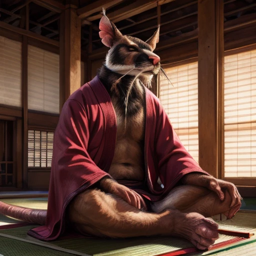 low-angle view,
standing, dojo, japanese temple, inside, clothed, kimono, red kimono, rat tail, goatee, brown body, white fur, black fur, bandages, safe,
(master splinter:1.2), meditating, crossed legs, sitting, sneak peek of butt, closed eyes, solo, topwear, bottomwear, incense, tatami, 
BREAK,
by bruteandbrawn, by personalami, by kenket, (intricate, high detail, film photography, soft focus, RAW candid cinema,
photorealism, realistic, photorealistic, analog style, subsurface scattering,
masterpiece, best quality, ultra realistic, 8k)