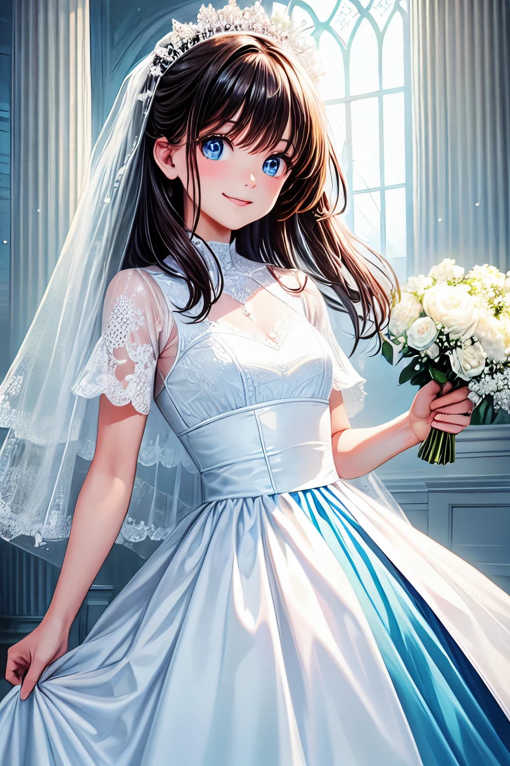 hight resolution, top-quality, ultra-quality, The ultra-detailliert, lighting like a movie、white church、Small Wedding dress、A smile、Brown hair、Blue eyes