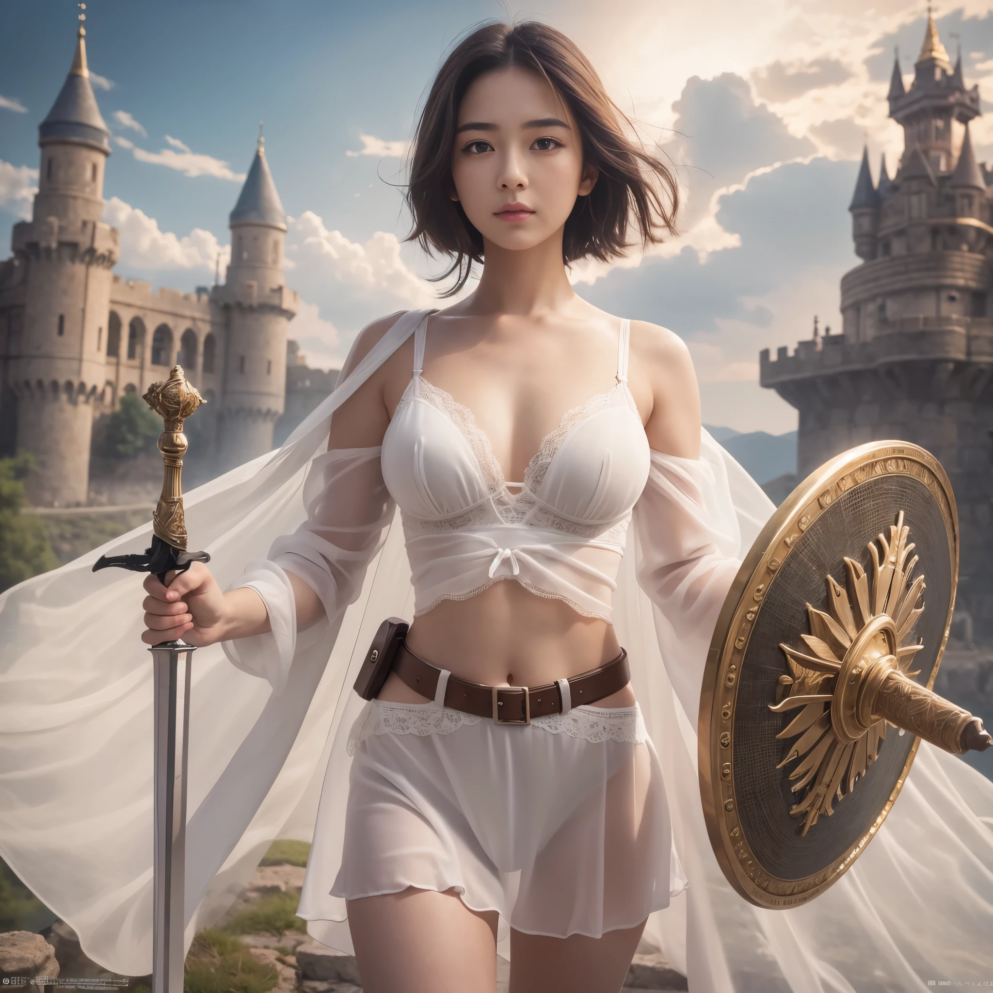 (RAW Photos:1.2), (Realistic), Beautiful detailed girl, Very detailed eyes and face, Beautiful fine details, Large file size, High resolution, Very detailed, highest quality, [Tabletop:1.6], figure, Very detailed, The finer details, highest quality, 8k wallpaper, Cinema Lighting, A 15-year-old female hero from Japan, Embark on an adventure, Departing with the castle in the background, Cute eyes, Long wavy black hair,  White bra,  White panties, Holds a holy sword in his right hand, Holding a shield in the left hand, Slender body, Young face, Small breasts, Exposed underwear, A spectacular sight